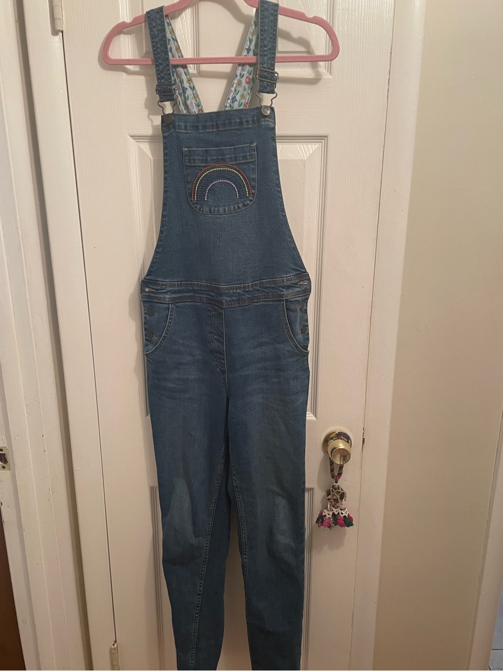 Boden Girls Denim Overall with Embroidered Rainbow